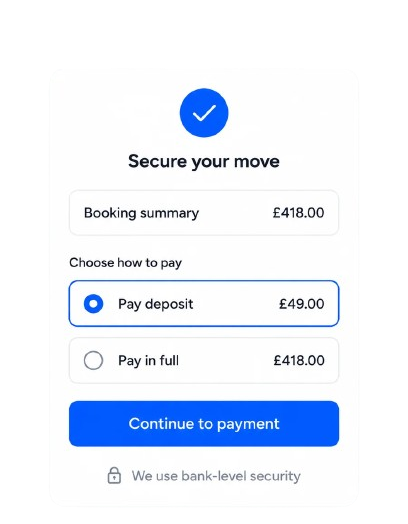 Secure your move payment screen with pay deposit or pay in full options
