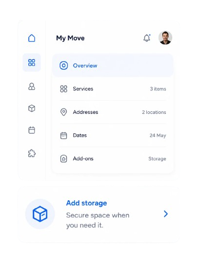 My Move dashboard showing services, addresses, dates and an add storage option