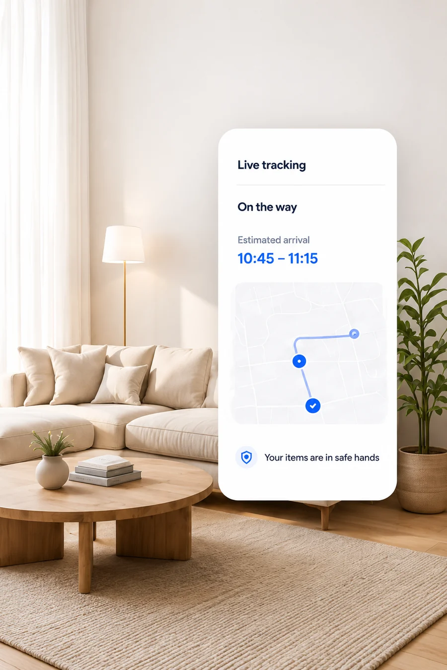 Live tracking screen showing the move is on the way with an estimated arrival time